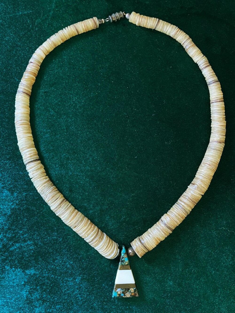 Vintage Santo Domingo triangle pendant on Heishi graduated shell beads